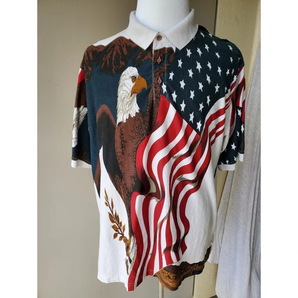 Cotton Traders Sport‎ Polo Shirt Mens XXL USA Flag Bald Eagle Mountains AOP